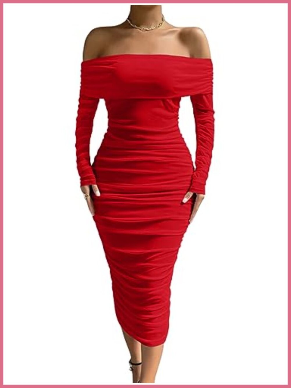 Off Shoulder Long Sleeve Bodycon Ruched Midi Dress Mesh Double Layer